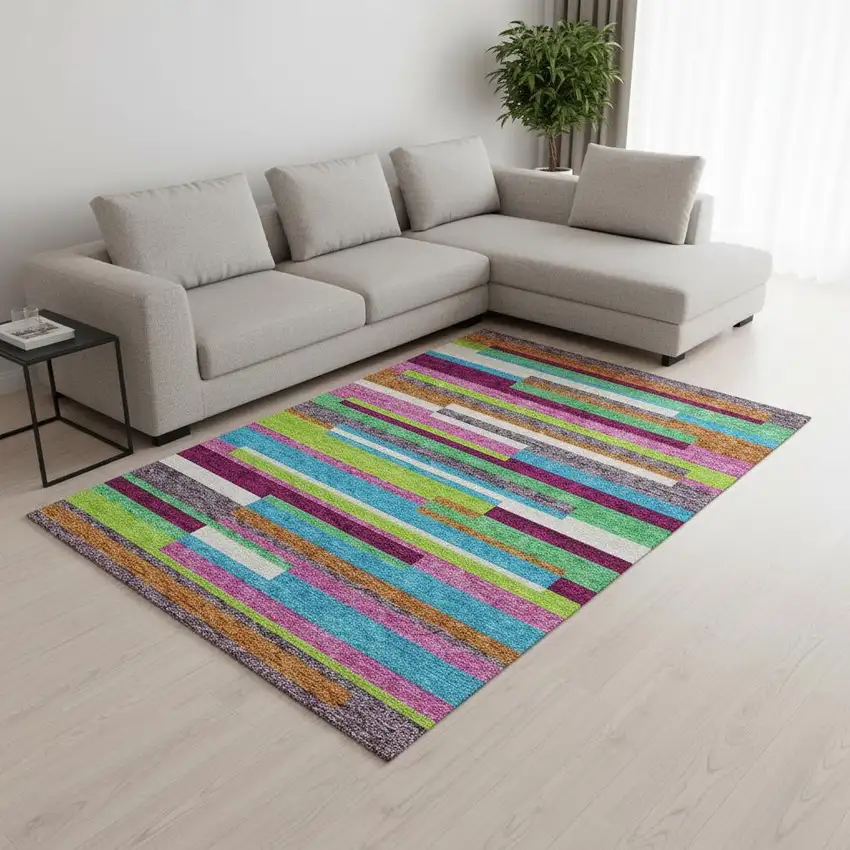 Lavender Orange And Lime Green Striped Washable Area Rug With UV Protection Photo 2