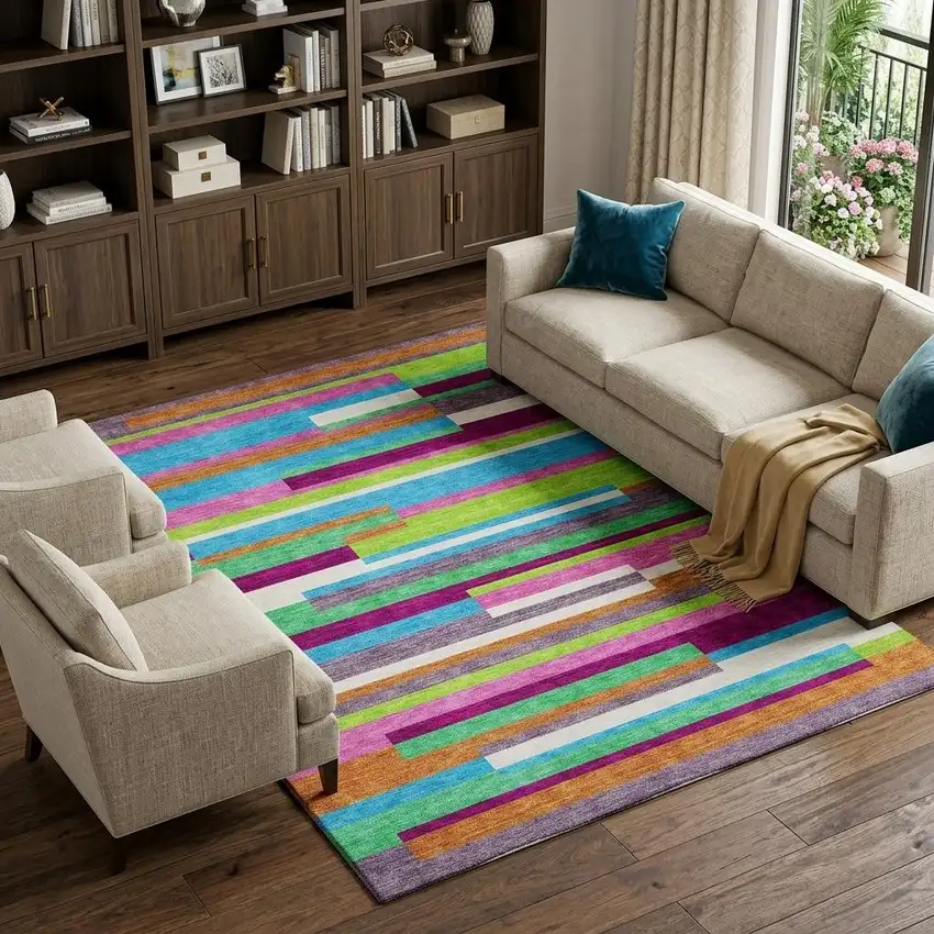 Lavender Orange And Lime Green Striped Washable Area Rug With UV Protection Photo 1