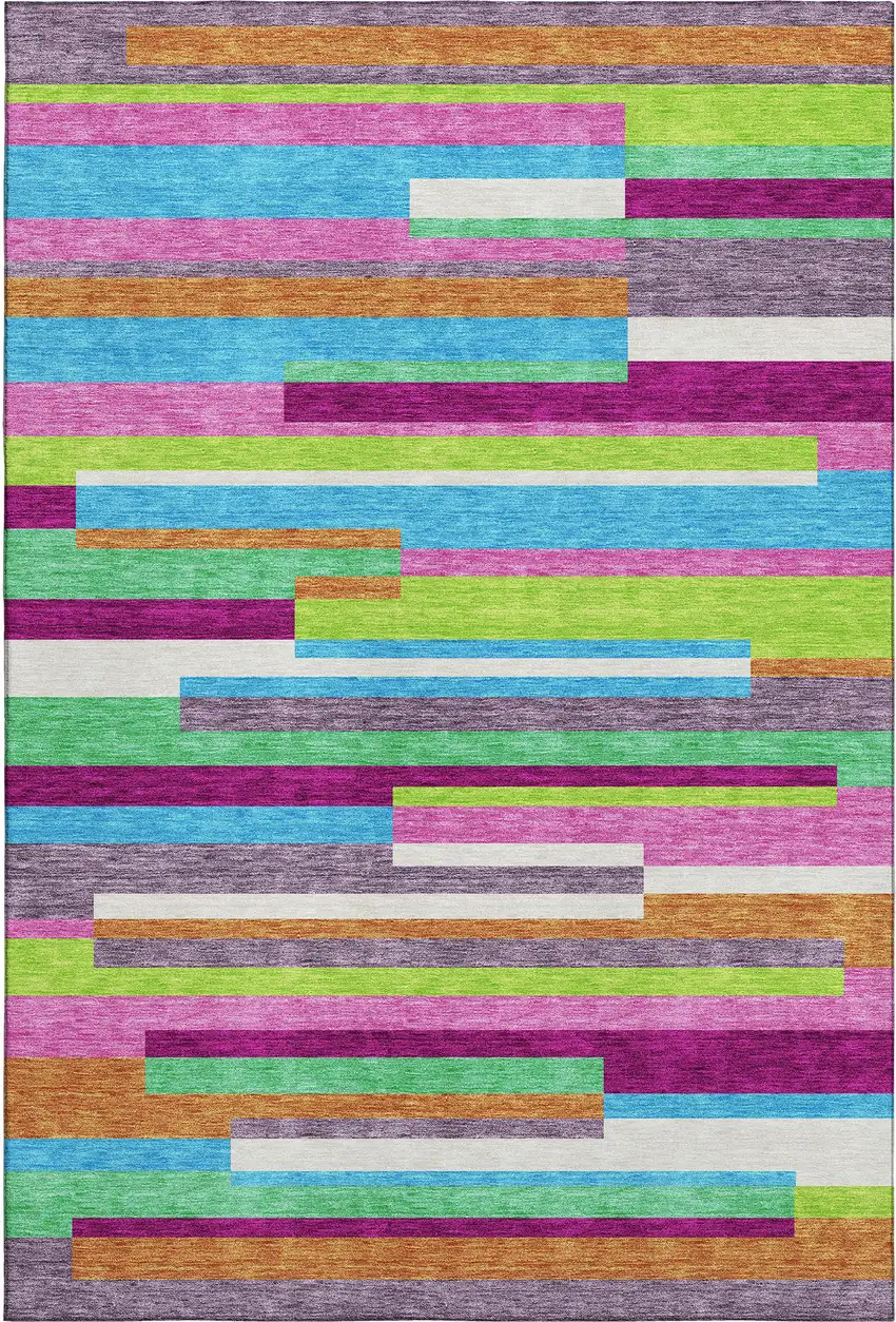 Lavender Orange And Lime Green Striped Washable Area Rug With UV Protection Photo 1