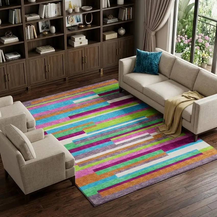 Lavender Orange And Lime Green Striped Washable Area Rug With UV Protection Photo 1