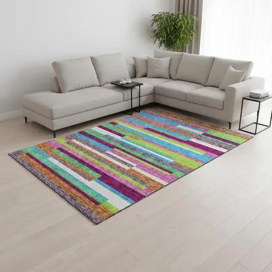Lavender Orange And Lime Green Striped Washable Area Rug With UV Protection Photo 2