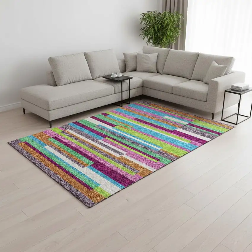 Lavender Orange And Lime Green Striped Washable Area Rug With UV Protection Photo 2