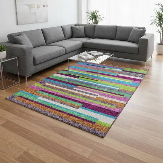 Lavender Orange And Lime Green Striped Washable Area Rug With UV Protection Photo 2