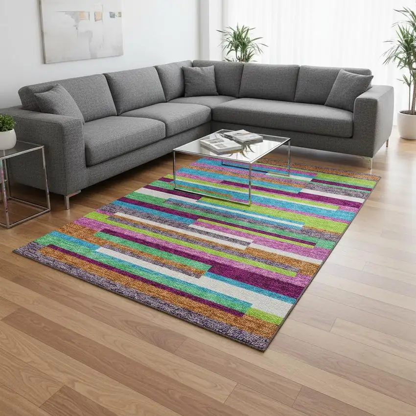 Lavender Orange And Lime Green Striped Washable Area Rug With UV Protection Photo 2