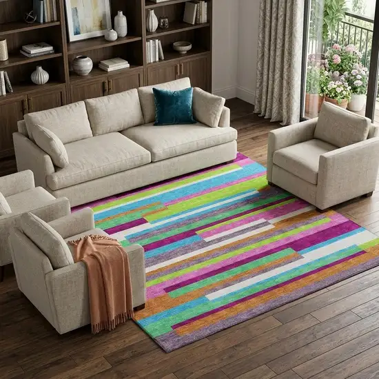 Lavender Orange And Lime Green Striped Washable Area Rug With UV Protection Photo 1