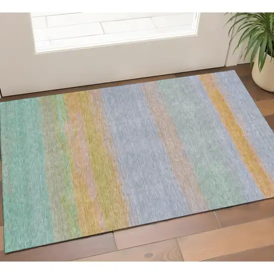 Lavender Orange And Teal Striped Washable Area Rug With UV Protection Photo 1