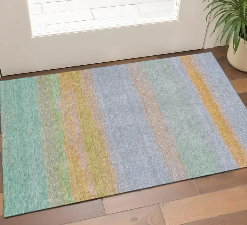 Lavender Orange And Teal Striped Washable Area Rug With UV Protection Photo 1