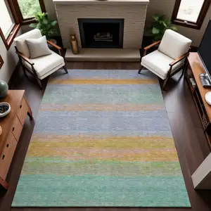 Photo of Lavender Orange And Teal Striped Washable Area Rug With UV Protection
