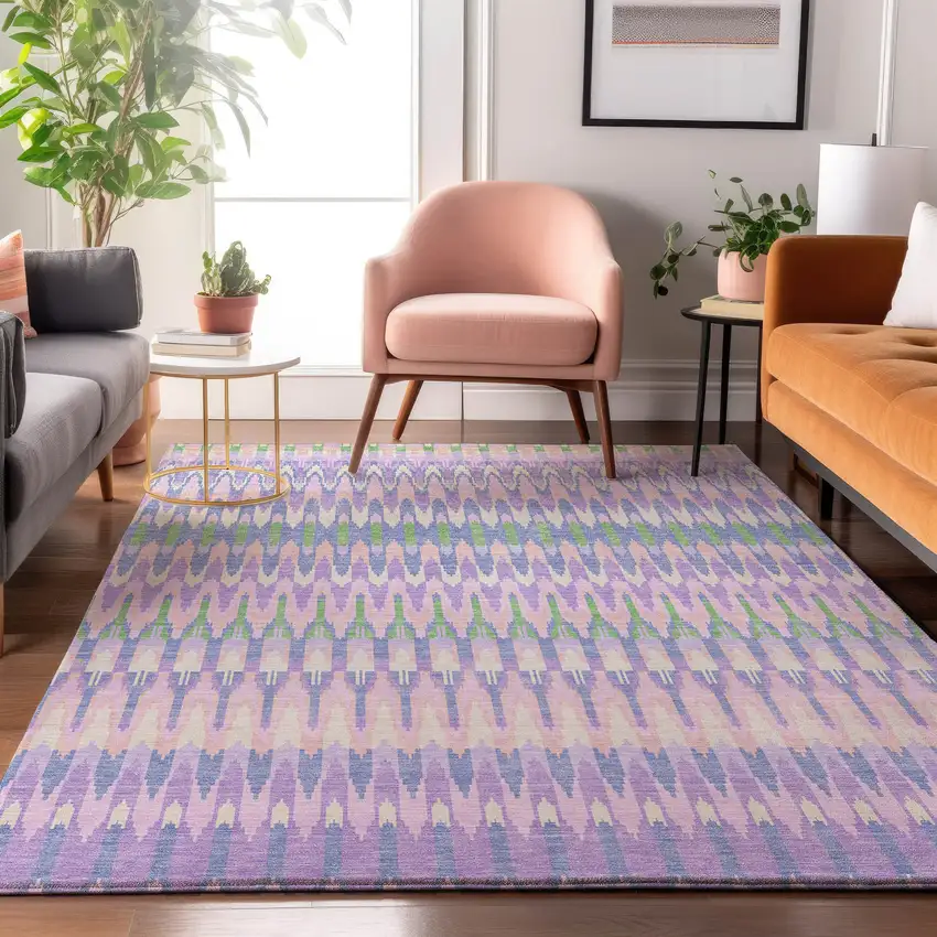 Lavender Pink And Green Southwestern Washable Area Rug With UV Protection Photo 5