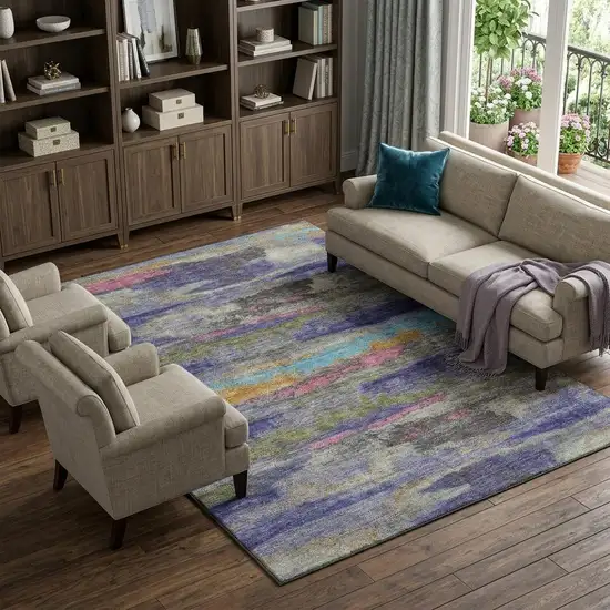 Lavender Pink And Orange Abstract Washable Area Rug With UV Protection Photo 1