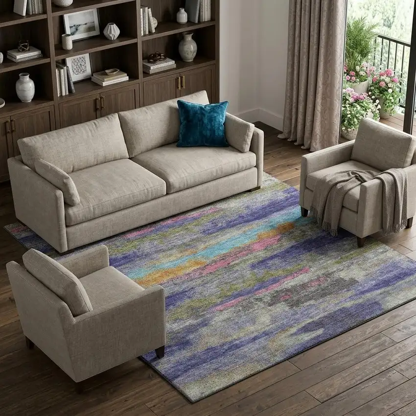Lavender Pink And Orange Abstract Washable Area Rug With UV Protection Photo 1