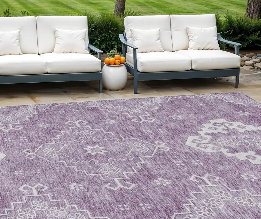 Lavender Plum And Ivory Medallion Washable Indoor Outdoor Area Rug Photo 1