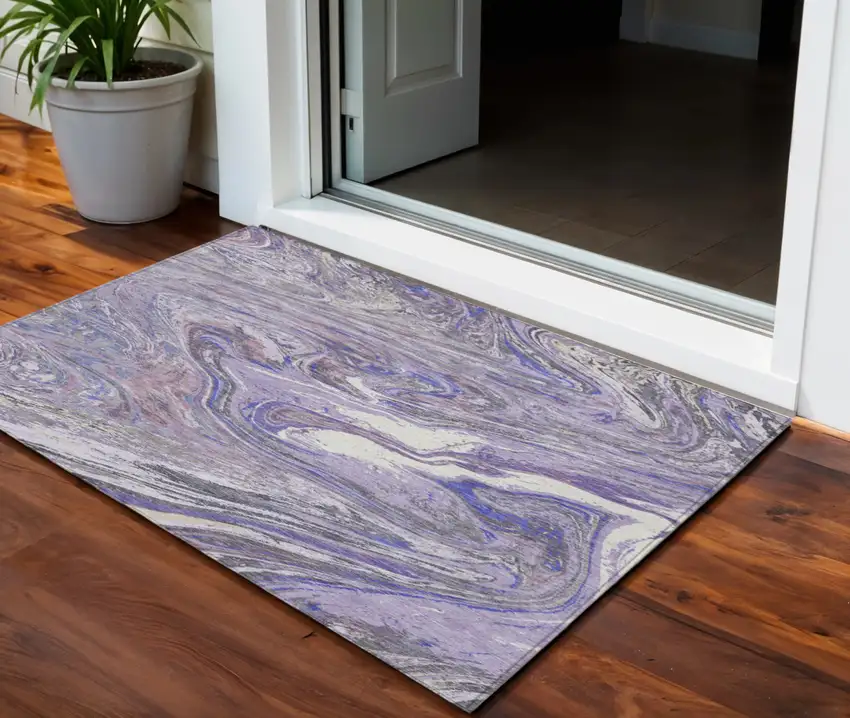 Lavender Purple And Gray Abstract Washable Indoor Outdoor Area Rug Photo 1