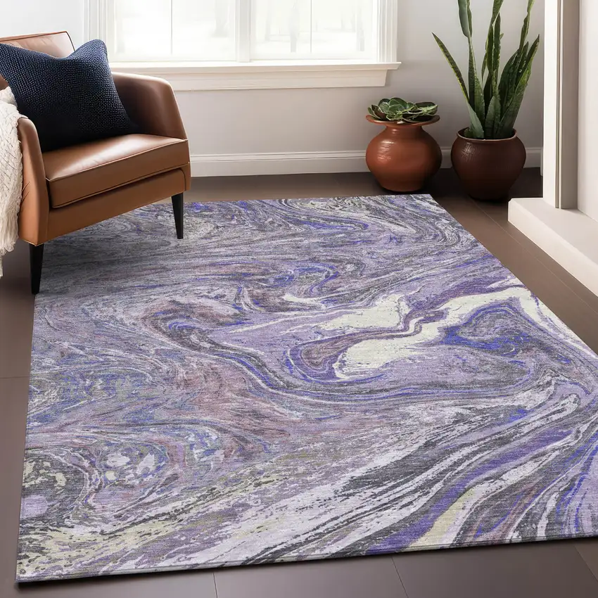 Lavender Purple And Gray Abstract Washable Indoor Outdoor Area Rug Photo 9