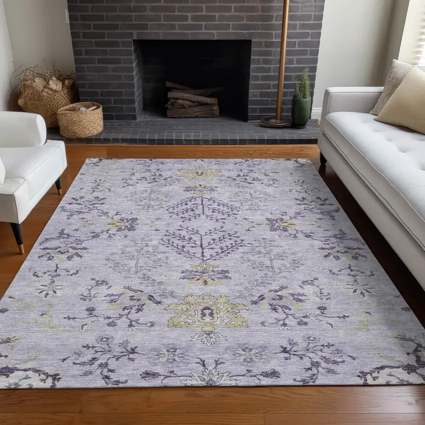 Lavender Purple And Gray Floral Washable Indoor Outdoor Area Rug Photo 9