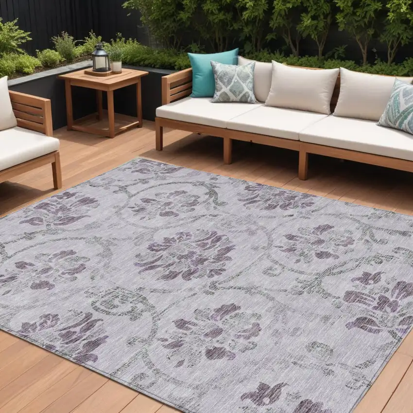 Lavender Purple And Gray Floral Washable Indoor Outdoor Area Rug Photo 1