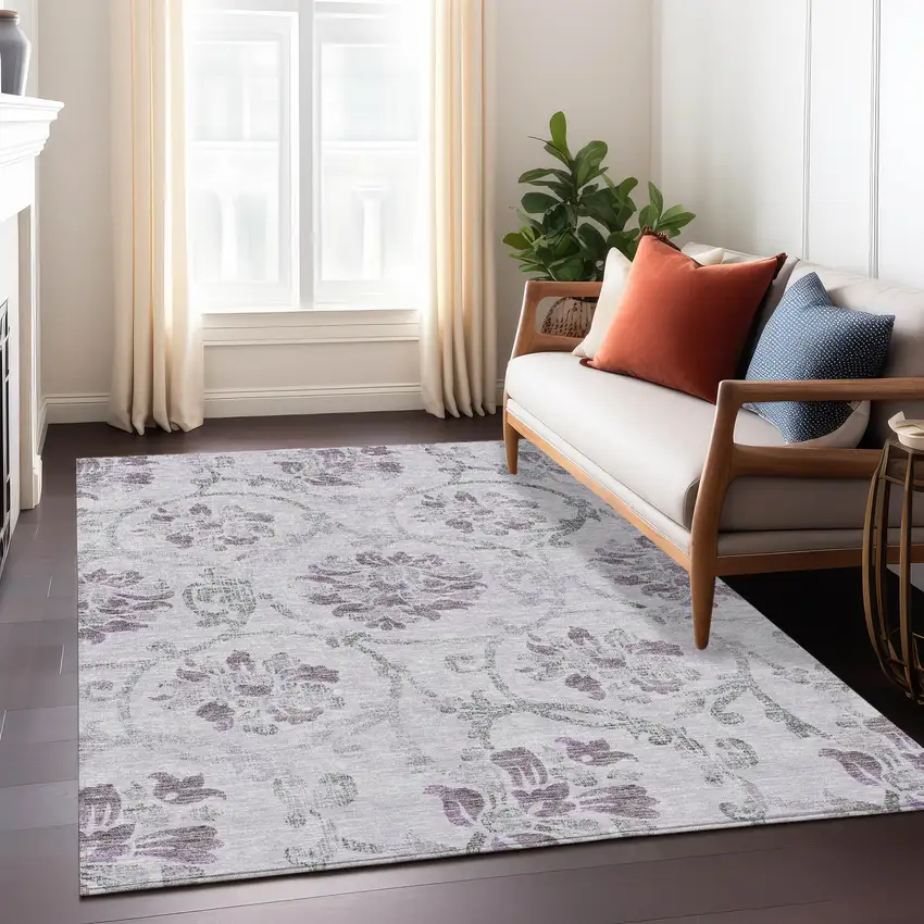 Lavender Purple And Gray Floral Washable Indoor Outdoor Area Rug Photo 8