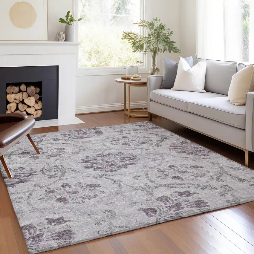 Lavender Purple And Gray Floral Washable Indoor Outdoor Area Rug Photo 7