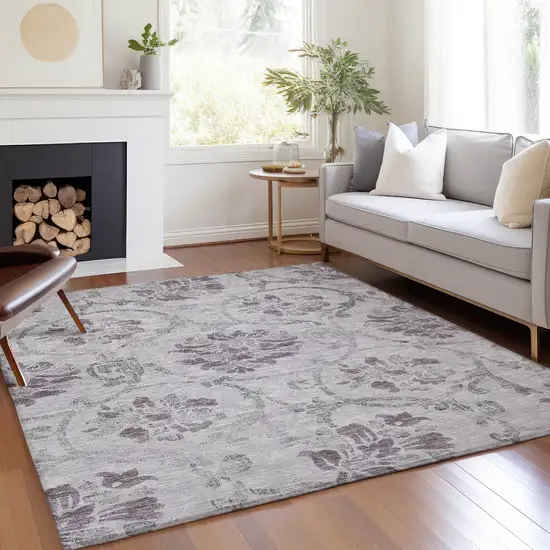 Lavender Purple And Gray Floral Washable Indoor Outdoor Area Rug Photo 7