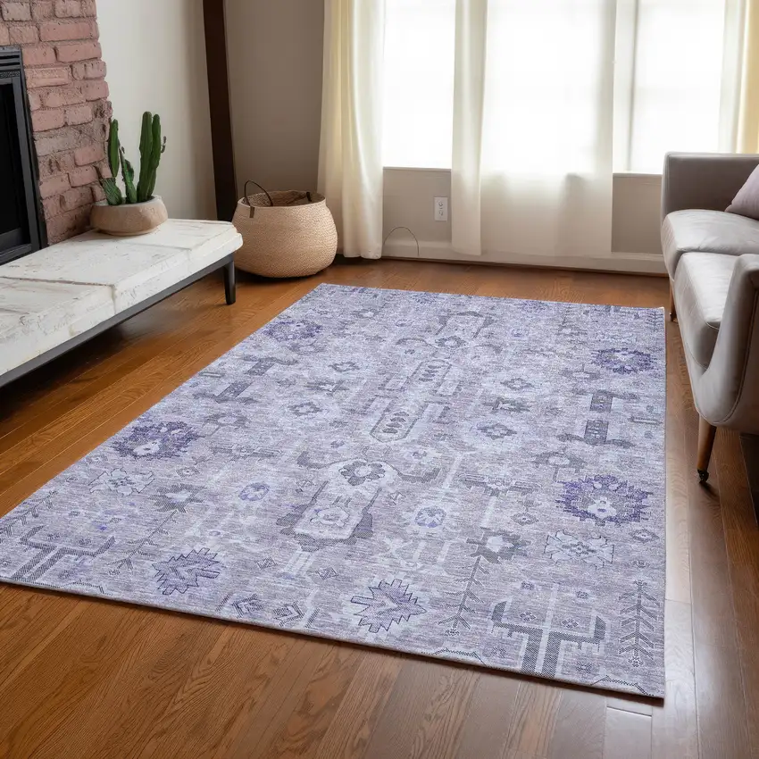 Lavender Purple And Gray Oriental Washable Indoor Outdoor Area Rug Photo 7