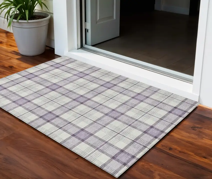 Lavender Purple And Gray Plaid Washable Indoor Outdoor Area Rug Photo 1