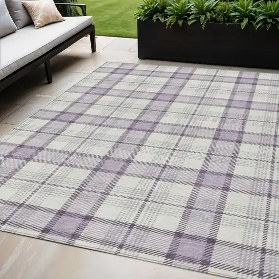 Lavender Purple And Gray Plaid Washable Indoor Outdoor Area Rug Photo 1