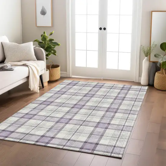 Lavender Purple And Gray Plaid Washable Indoor Outdoor Area Rug Photo 9