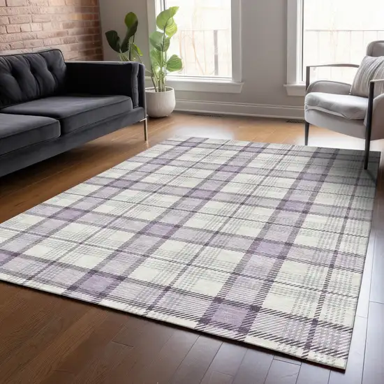 Lavender Purple And Gray Plaid Washable Indoor Outdoor Area Rug Photo 8