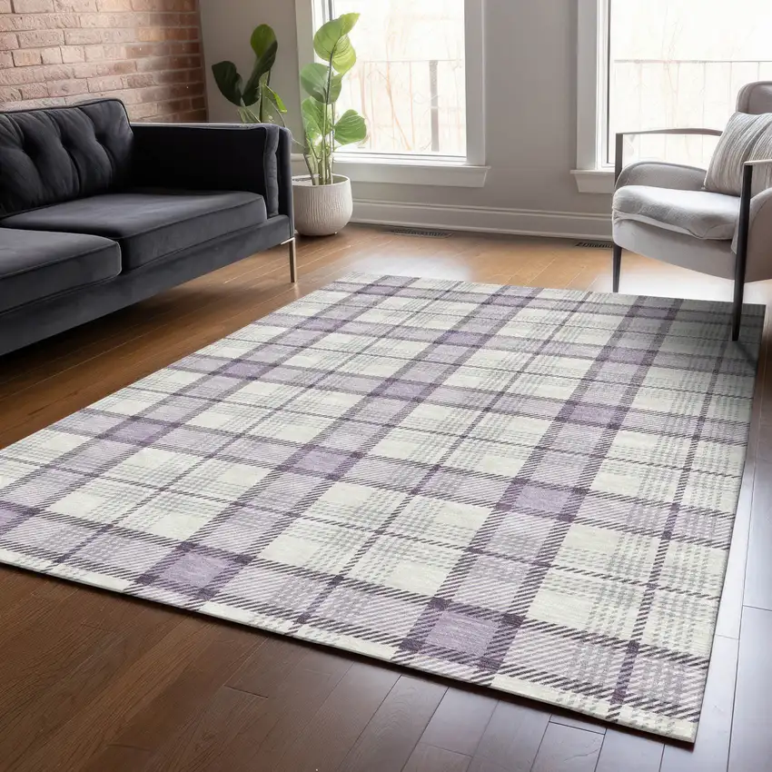 Lavender Purple And Gray Plaid Washable Indoor Outdoor Area Rug Photo 8