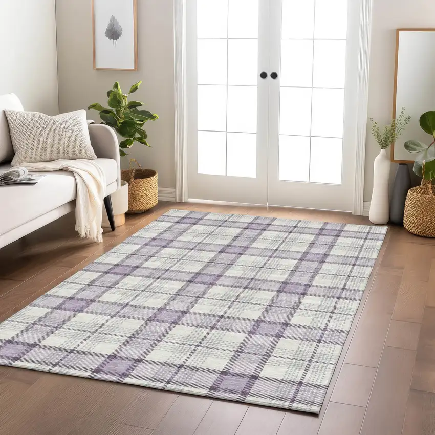 Lavender Purple And Gray Plaid Washable Indoor Outdoor Area Rug Photo 8
