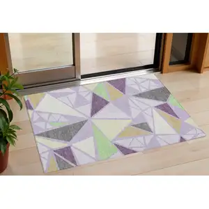 Photo of Lavender Purple And Green Geometric Washable Indoor Outdoor Area Rug