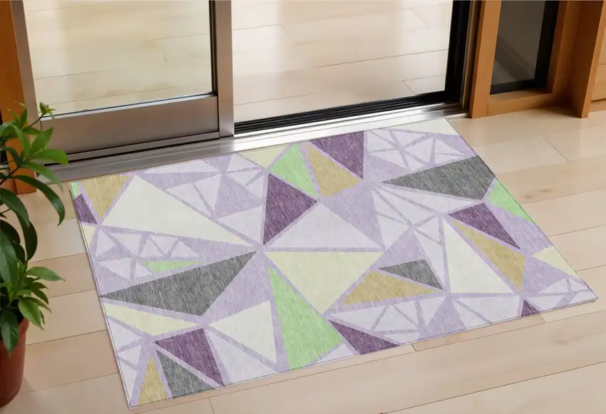 Lavender Purple And Green Geometric Washable Indoor Outdoor Area Rug Photo 1