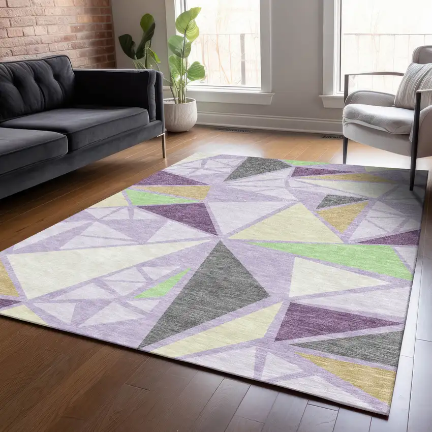 Lavender Purple And Green Geometric Washable Indoor Outdoor Area Rug Photo 9