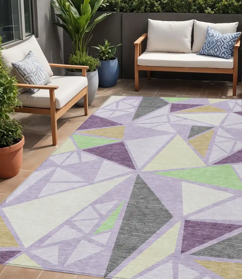 Lavender Purple And Green Geometric Washable Indoor Outdoor Area Rug Photo 1