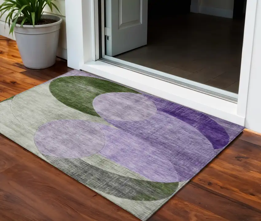 Lavender Purple And Green Geometric Washable Indoor Outdoor Area Rug Photo 1