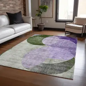 Photo of Lavender Purple And Green Geometric Washable Indoor Outdoor Area Rug