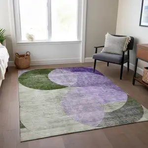 Photo of Lavender Purple And Green Geometric Washable Indoor Outdoor Area Rug