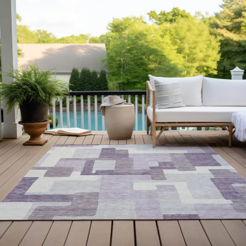 Lavender Purple And Ivory Abstract Washable Indoor Outdoor Area Rug Photo 9