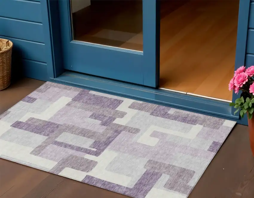 Lavender Purple And Ivory Abstract Washable Indoor Outdoor Area Rug Photo 1