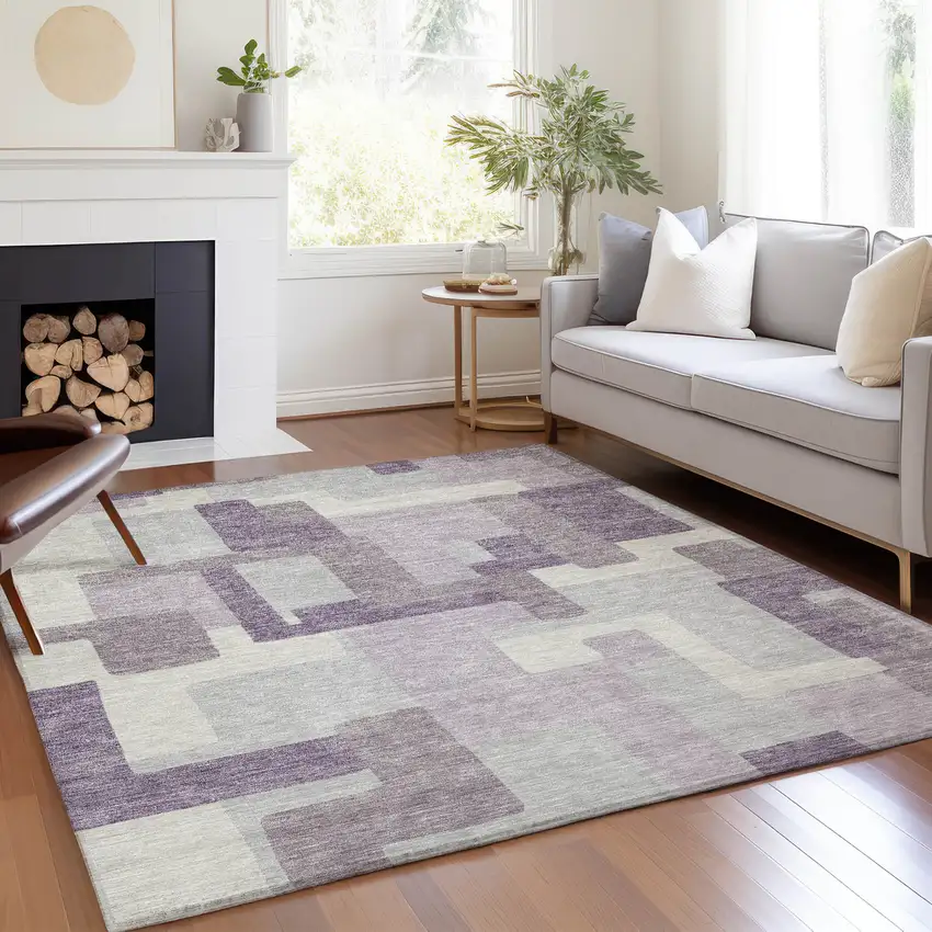 Lavender Purple And Ivory Abstract Washable Indoor Outdoor Area Rug Photo 7