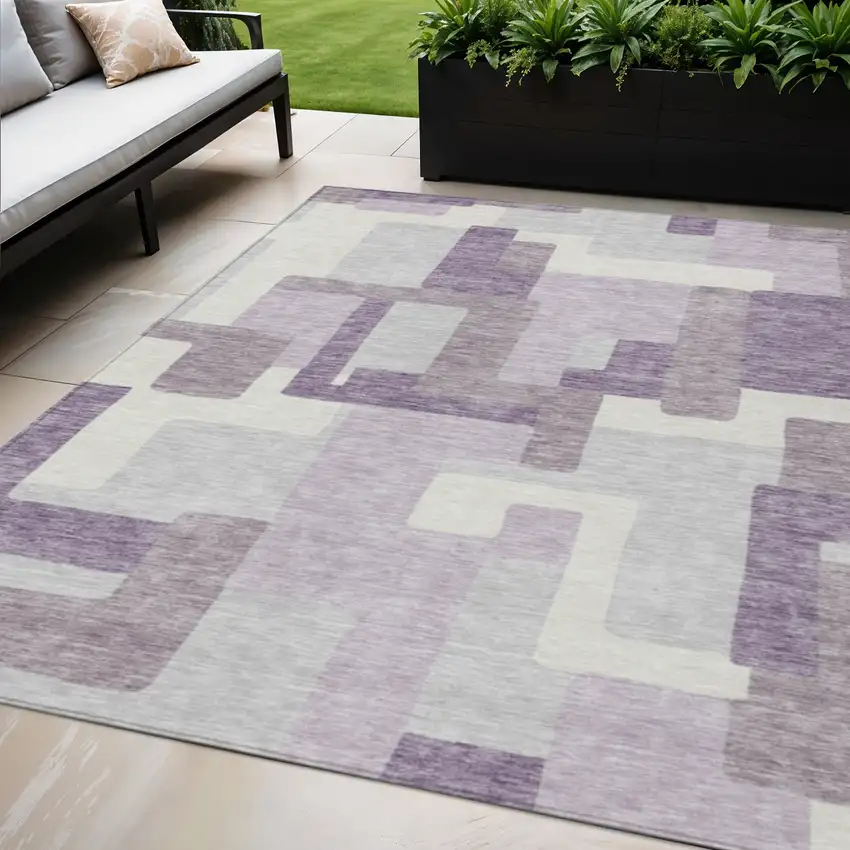 Lavender Purple And Ivory Abstract Washable Indoor Outdoor Area Rug Photo 1