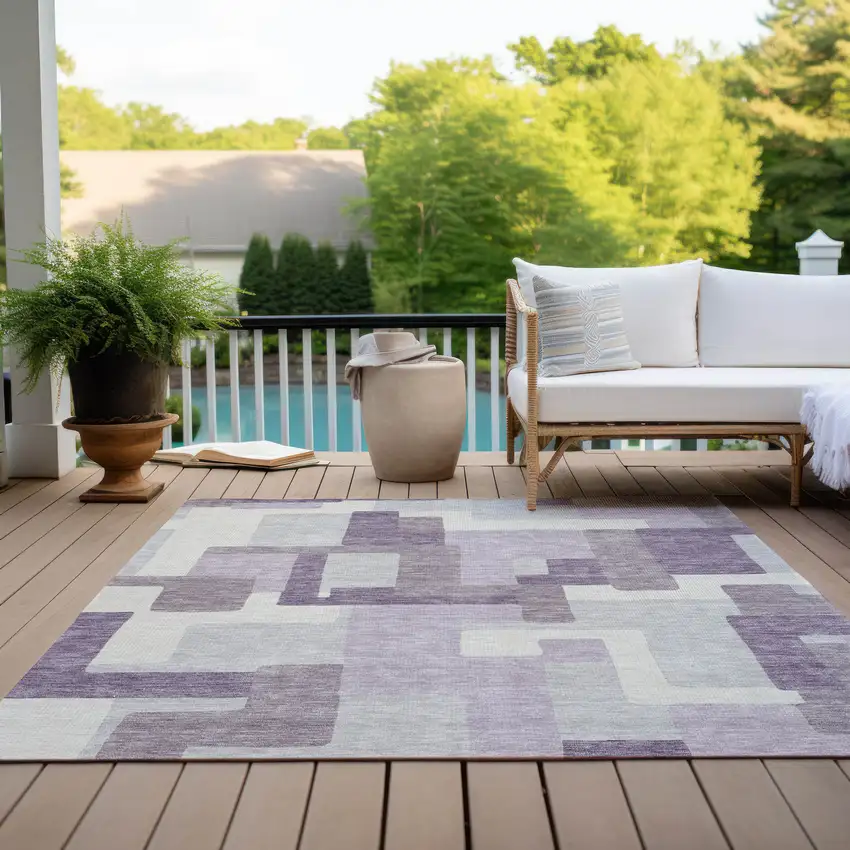 Lavender Purple And Ivory Abstract Washable Indoor Outdoor Area Rug Photo 9