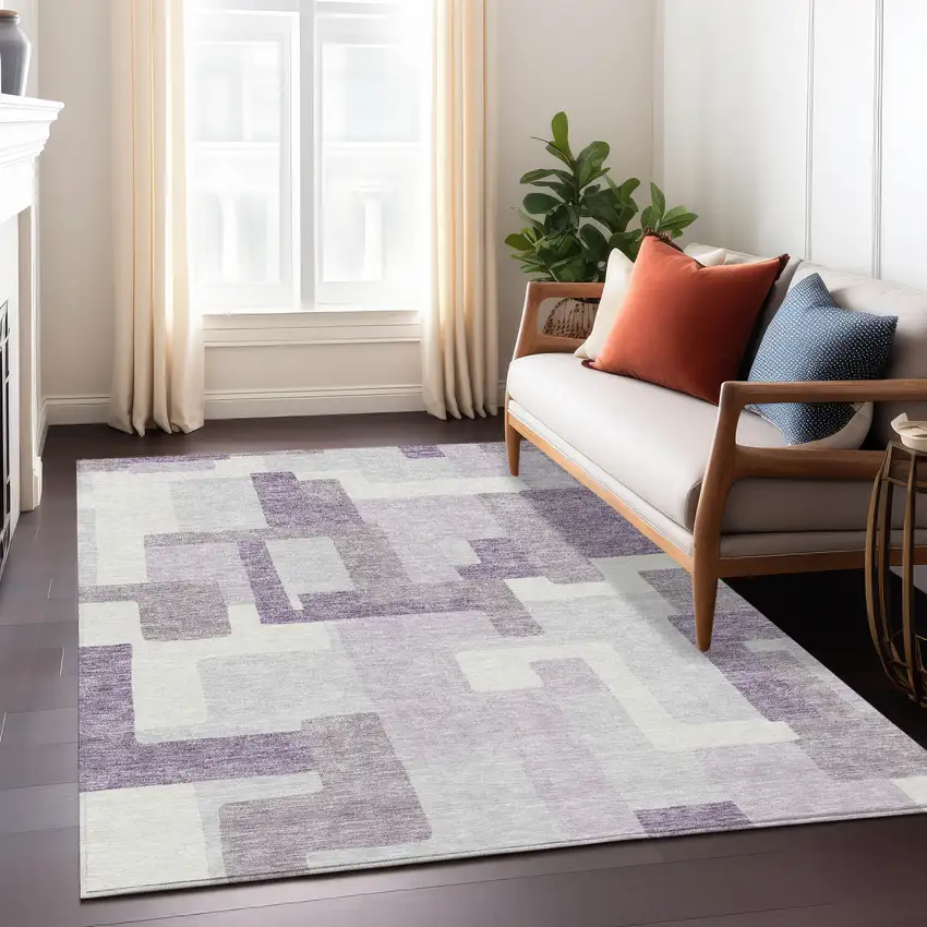 Lavender Purple And Ivory Abstract Washable Indoor Outdoor Area Rug Photo 8