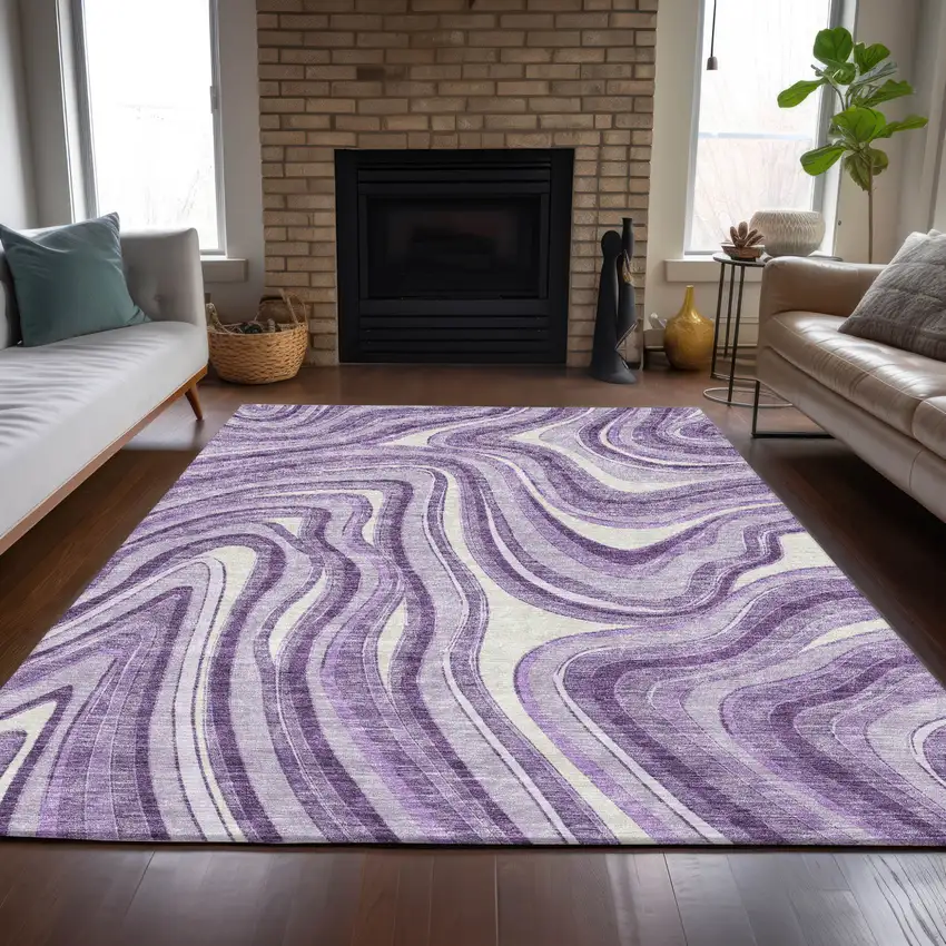 Lavender Purple And Ivory Abstract Washable Indoor Outdoor Area Rug Photo 7