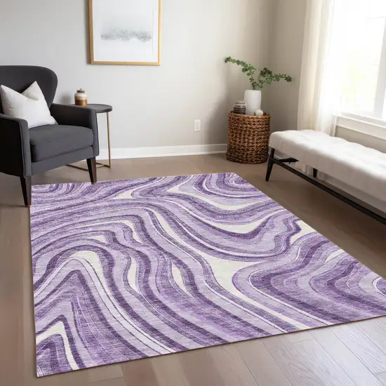 Lavender Purple And Ivory Abstract Washable Indoor Outdoor Area Rug Photo 8