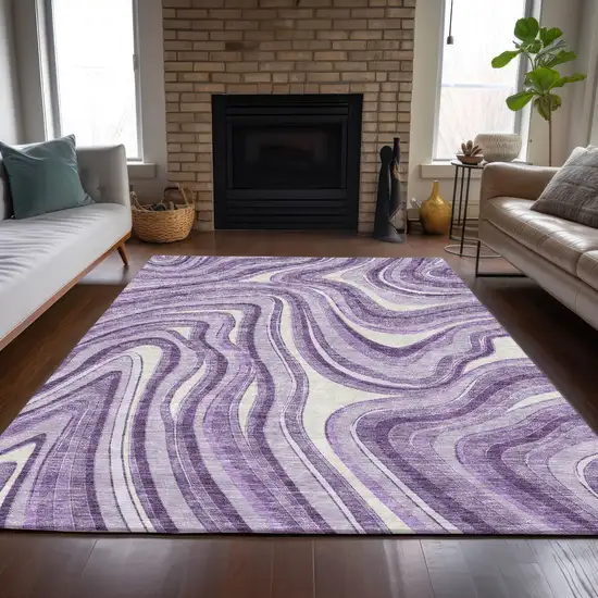 Lavender Purple And Ivory Abstract Washable Indoor Outdoor Area Rug Photo 7