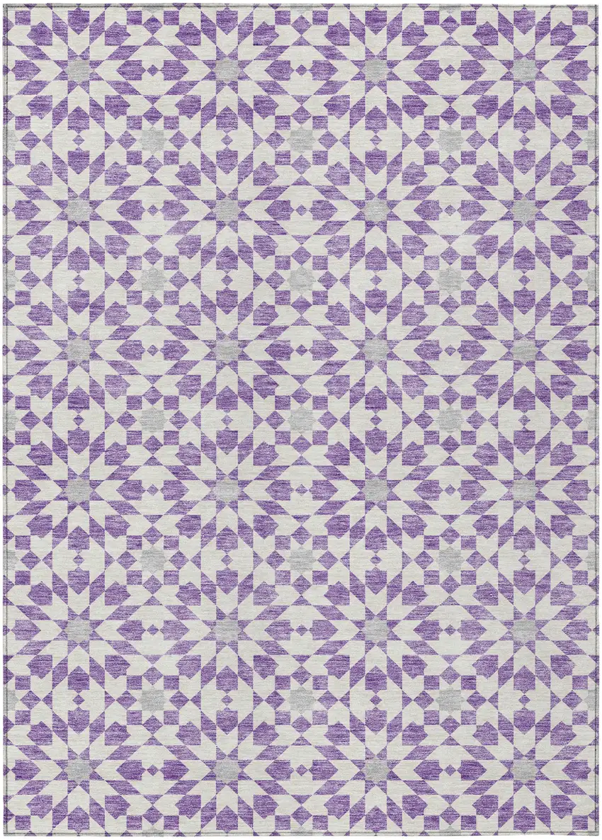 Lavender Purple And Ivory Floral Medallion Washable Indoor Outdoor Area Rug Photo 1