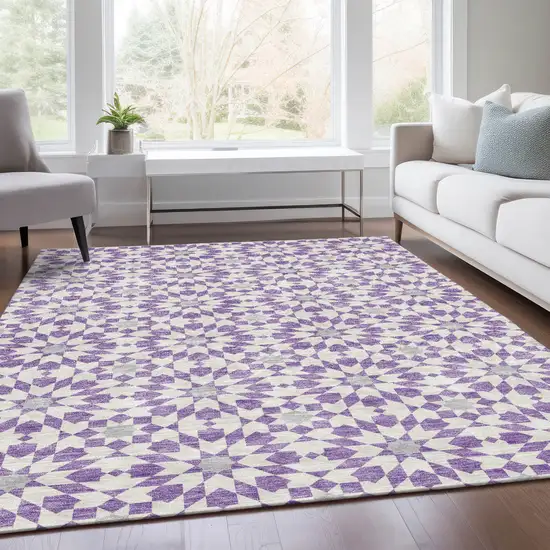 Lavender Purple And Ivory Floral Medallion Washable Indoor Outdoor Area Rug Photo 7