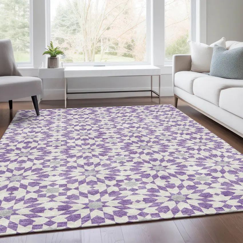 Lavender Purple And Ivory Floral Medallion Washable Indoor Outdoor Area Rug Photo 7