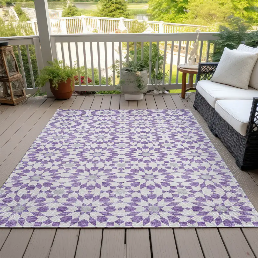 Lavender Purple And Ivory Floral Medallion Washable Indoor Outdoor Area Rug Photo 6